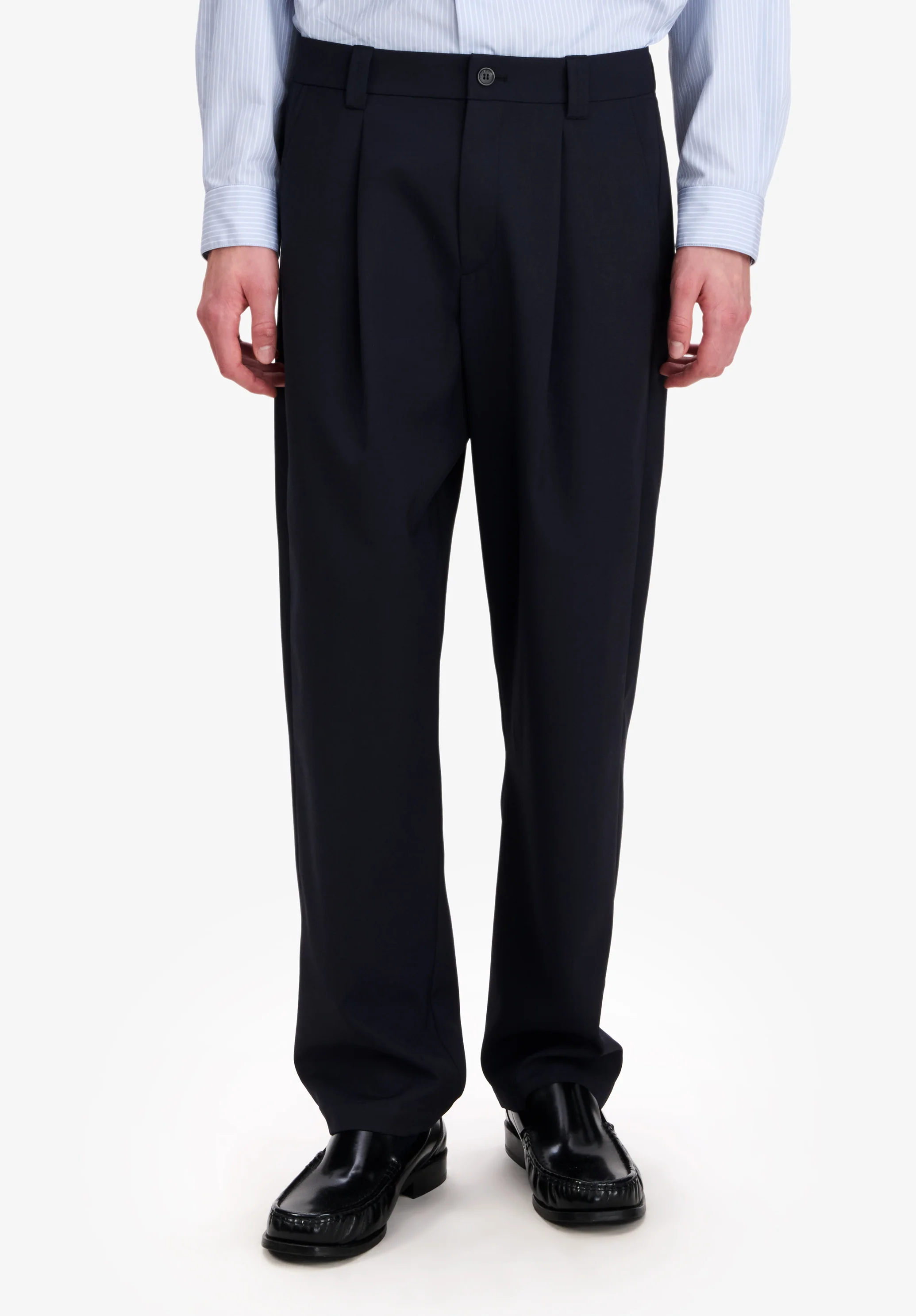 Loose navy blue canvas barrel trousers - Image 4