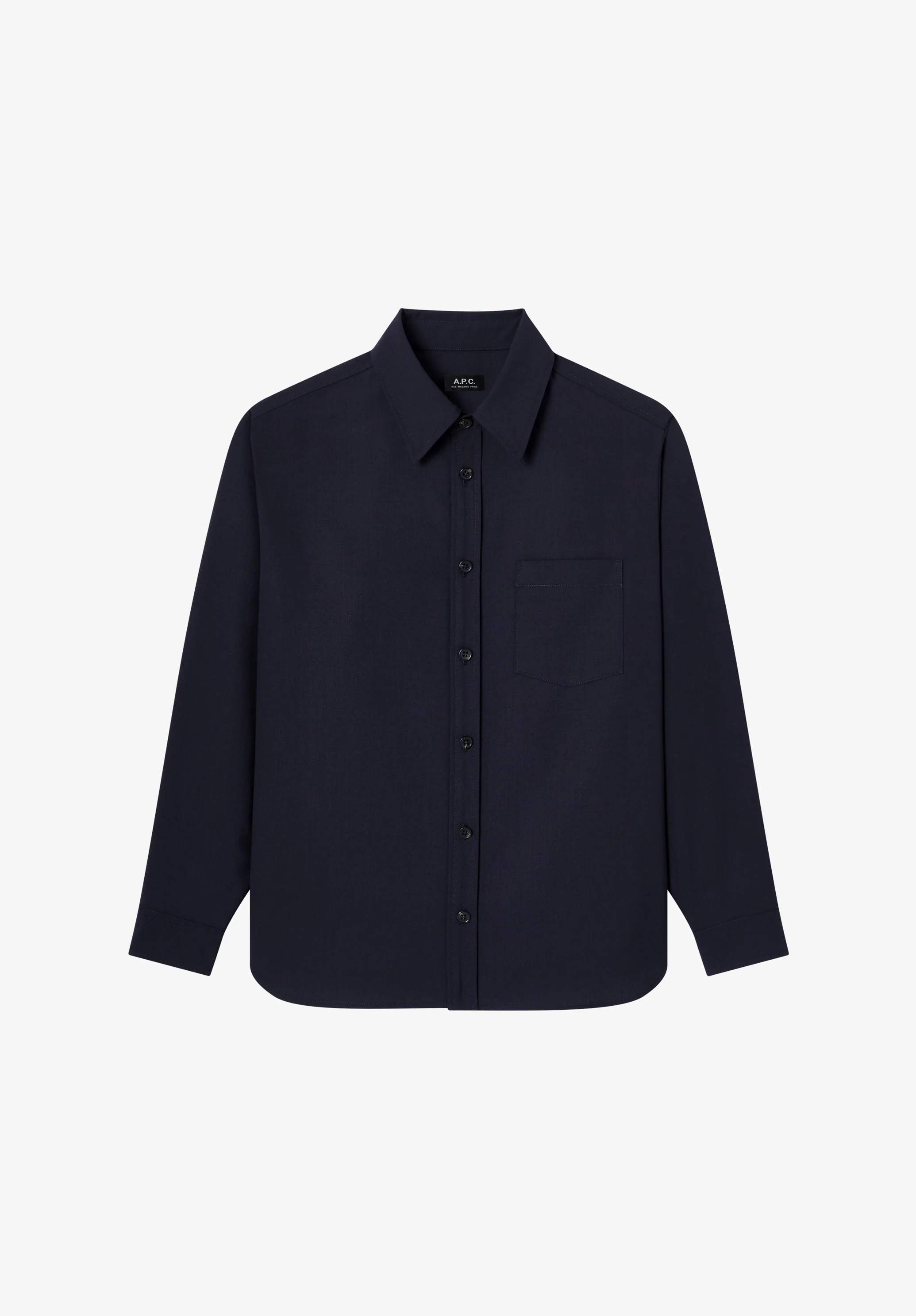 Navy blue lightweight wool overshirt.
