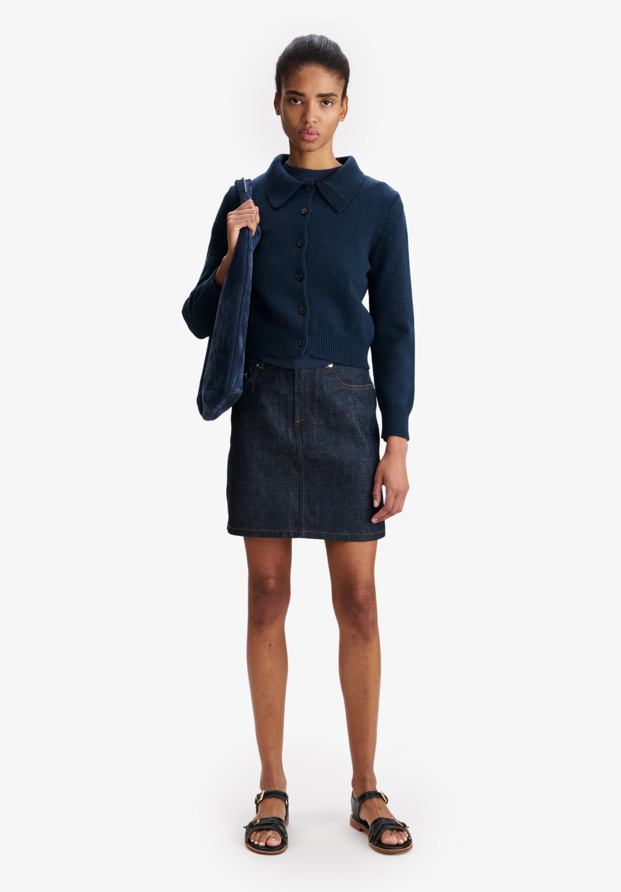 Navy blue wool collared cardigan